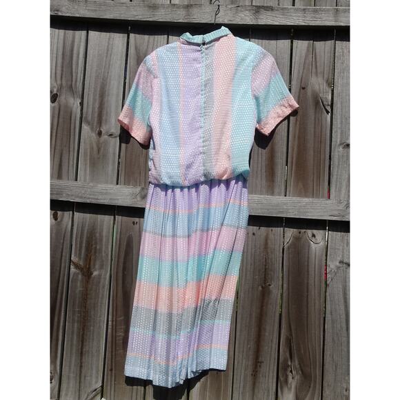 Vtg 80s Algo Pastel Plaid Stripe Midi Dress Tie Collar Retro New Wave Aesthetic - Picture 6 of 9